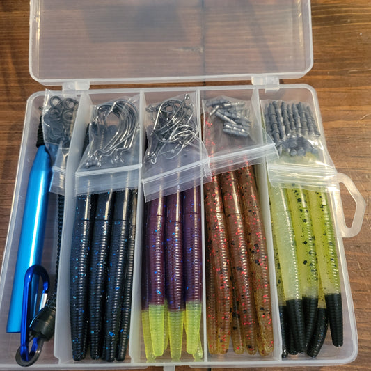 Wacky Rig kit with custom bait to give you something for all water clarity conditions.